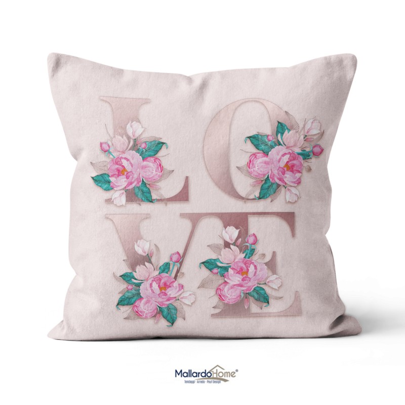 Cuscino scritta Love con motivi floreali su fondo rosa antico